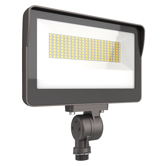Image of a 35W-60W selectable LED flood light with photocell, featuring adjustable wattage and color temperature.