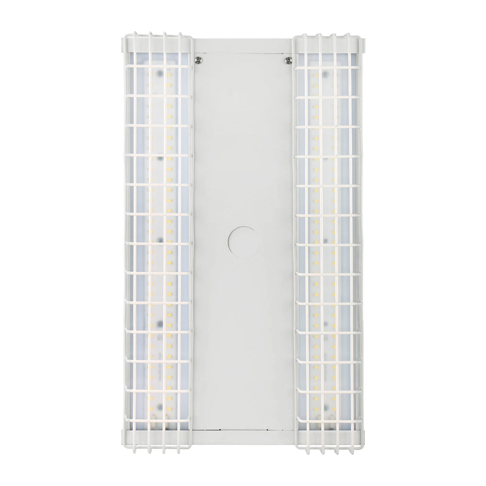 White outdoor light fixture with grid design on a white background