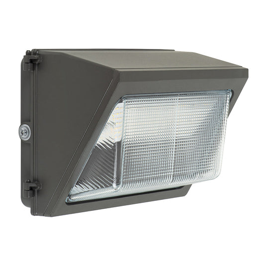Image of a selectable LED glass wall pack light with photocell, featuring a durable bronze housing and a modern design.
