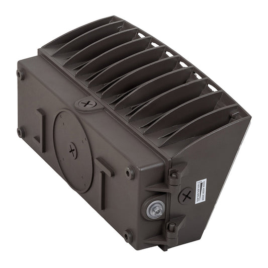 Image of a 48W-120W selectable LED semi cutoff wall pack light with photocell, suitable for outdoor lighting.