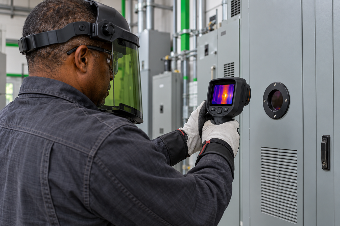 Illustrative electrician using an infrared camera through a cabinet inspection window