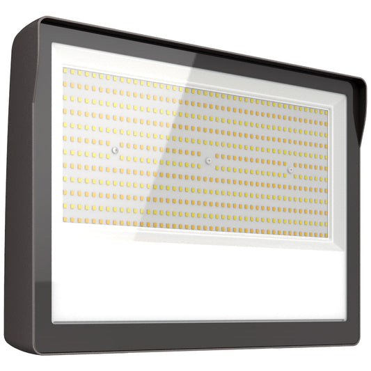Image of a 100W-200W selectable LED flood light with photocell, suitable for AC120-277V applications.