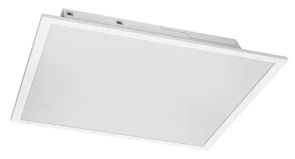 2FT X 2FT Backlit LED Panel with adjustable wattage and CCT, non-yellowing optical lens, and white finish.