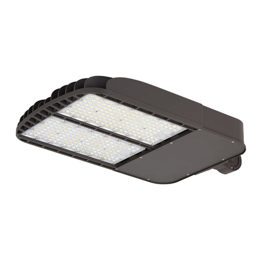 Image of a 400W LED shoebox light for outdoor illumination in urban and industrial areas, designed for high voltage.