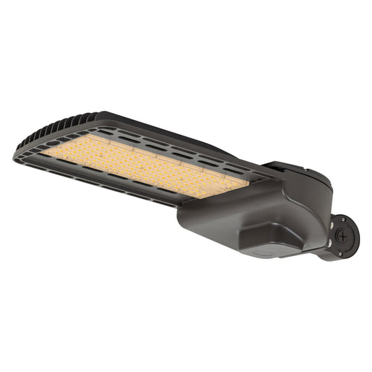 Image of a selectable LED shoebox light, showing its multiple wattage options (60W-150W) and suitability for wide use.