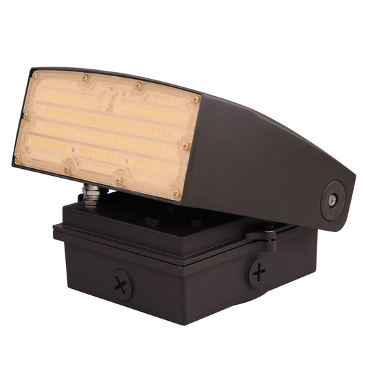 Adjustable LED wall pack with selectable wattage (15W/20W/30W) and CCT (3000K/4000K/5000K), integrated photocell, bronze finish.