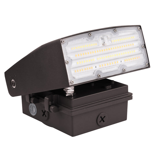 Adjustable LED wall pack with selectable wattage (15W/20W/30W) and CCT (3000K/4000K/5000K), integrated photocell, bronze finish.