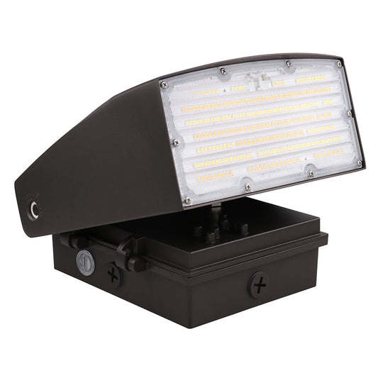 Image of a 40W-80W selectable LED adjustable wall pack with a built-in photocell, suitable for outdoor lighting.