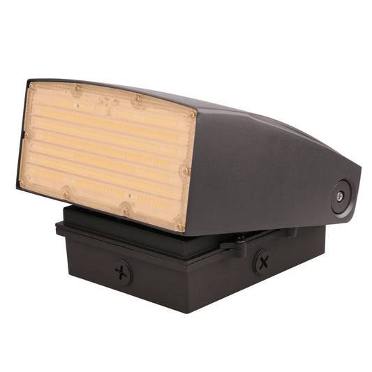 Image of a 40W-80W selectable LED adjustable wall pack with a built-in photocell, suitable for outdoor lighting.