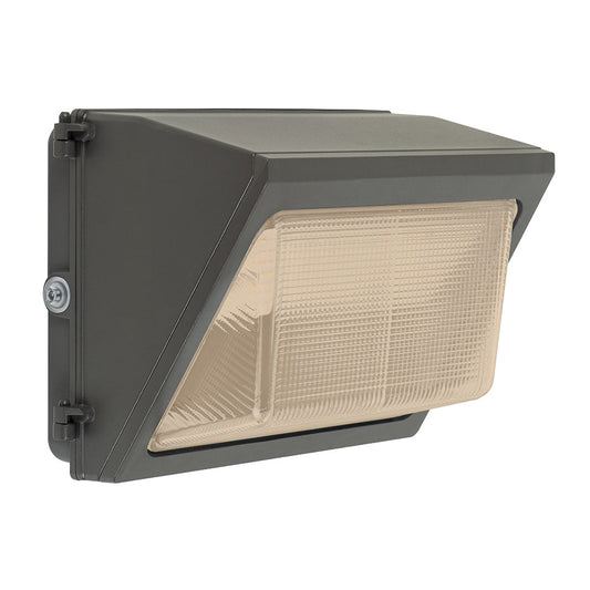 Image of a selectable LED glass wall pack light with photocell, featuring a durable bronze housing and a modern design.