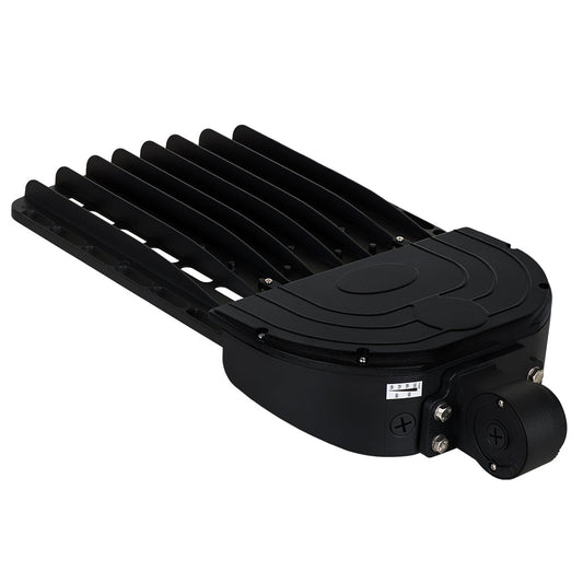 Black Selectable LED Shoebox Light (60W-150W) for outdoor use with AC120-277V, selectable wattage/CCT, and dimming.