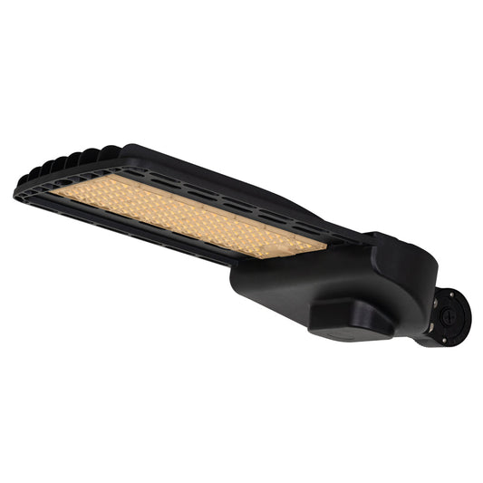 Black Selectable LED Shoebox Light (60W-150W) for outdoor use with AC120-277V, selectable wattage/CCT, and dimming.