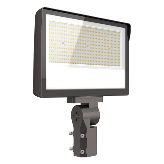 Image of a 100W-200W selectable LED flood light with photocell, suitable for AC120-277V applications.
