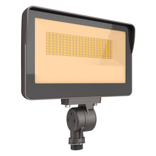 Image of a 35W-60W selectable LED flood light with photocell, featuring adjustable wattage and color temperature.