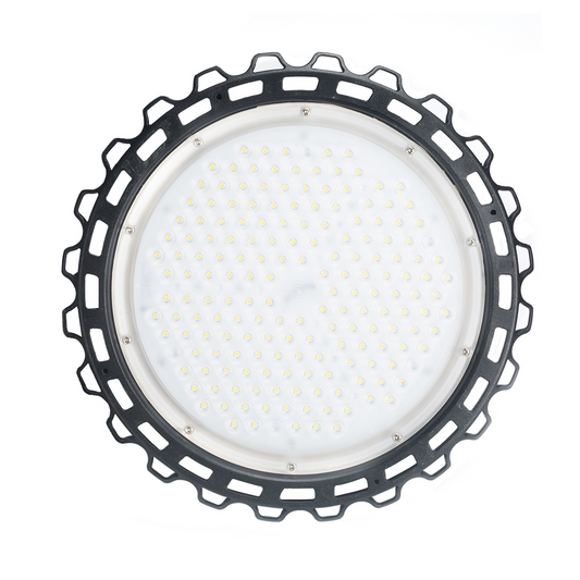Image of a 150W LED UFO High Bay Light, model WSD-UFO15W27-50K-B, suitable for indoor and outdoor lighting.
