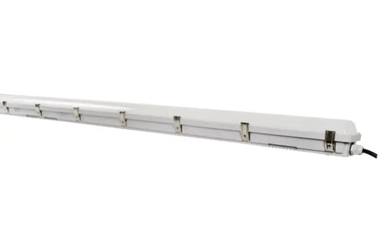Image of an 8FT LED Vapor Tight fixture in a grey plastic housing, with tunable wattage (50W/60W/70W) and CCT.