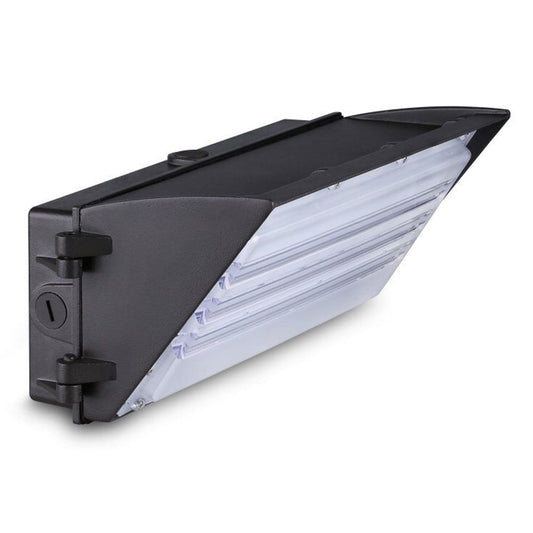 Image of a 45W LED semi-cutoff wall pack light with bronze housing, 120-277V, 6651 lumens, and 5000K CCT.