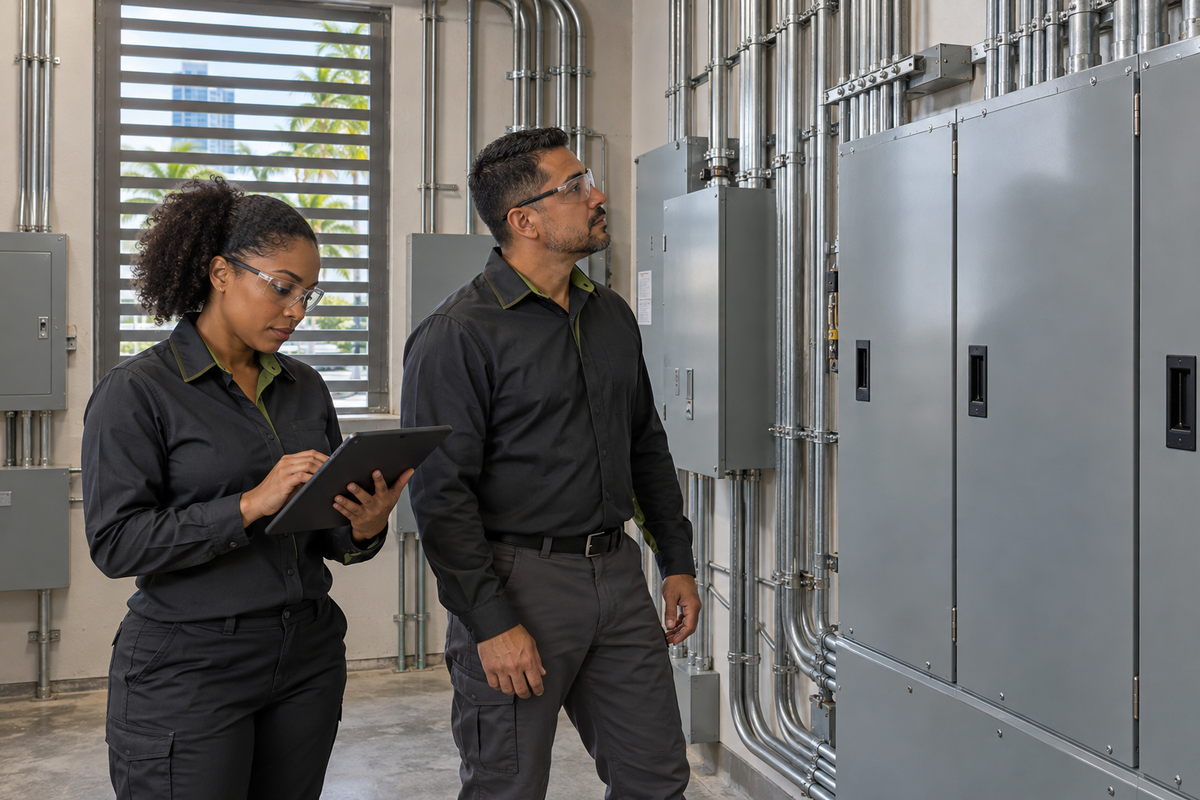 Illustrative electrician and project coordinator assessing an electrical room